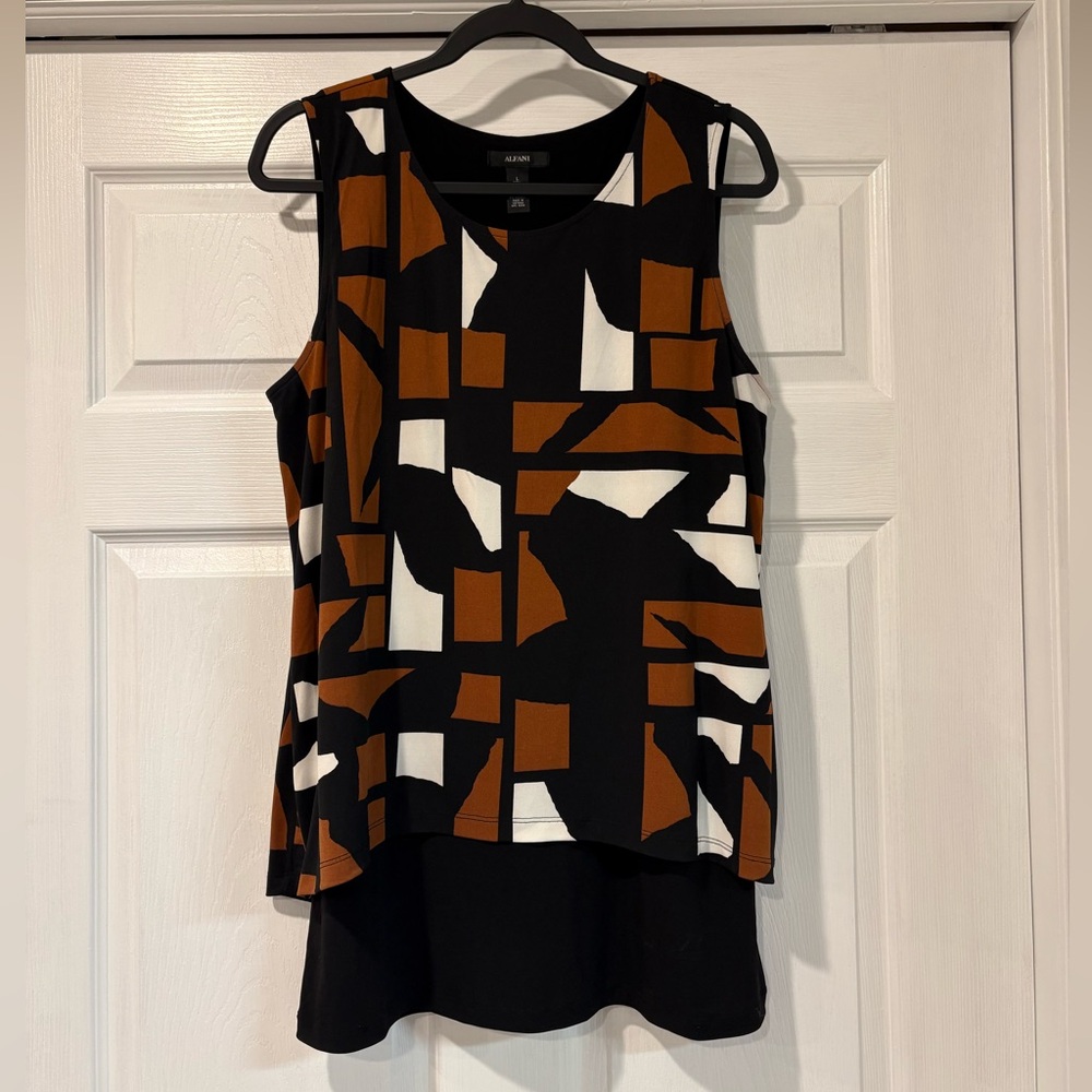 Alfani Abstract Attached Layered Tunic Tank Top - Black, White, Brown